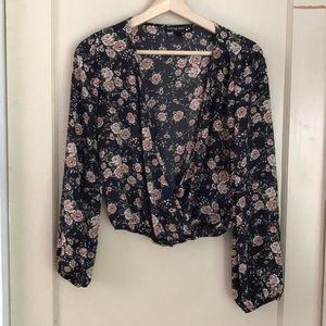 Living Doll floral plunge long sleeve top